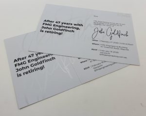 FMG Engineering 47yr invitation card with digital clear toner add a subtle yet very effective embellishment.