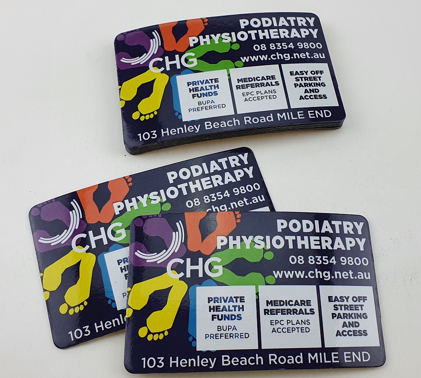 CHG Podiatry Physiotherapy business card fridge magnets