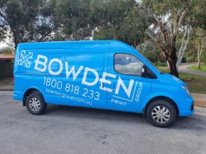 Side view of Bowden Print Group delivery van wrap design