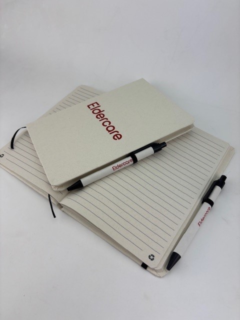 Eldercare Milky Notebook and Pen Set Promotional Merchandise.